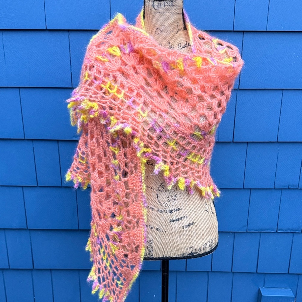 Handcrafted Pink and Yellow Knit Scarf crochet, coral, yellow, and purple wrap - Picture 6 of 9